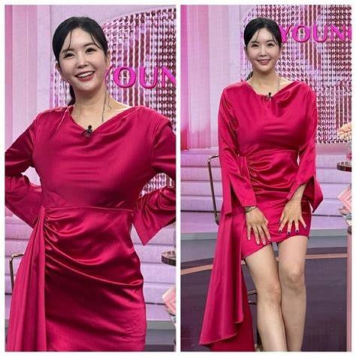 Beauty: The broadcaster showed off her svelte pins in the knee-length tweed dress which featured a hot pink band around her midriff and two front pockets